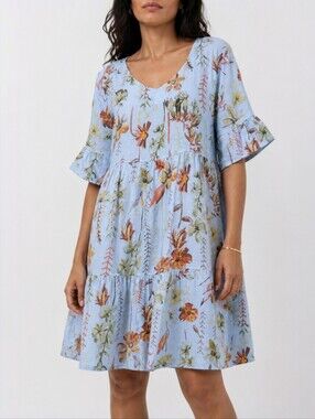 100% Linen Cottagecore Floral Tiered Dress Blue Boho Mini Made in Italy M